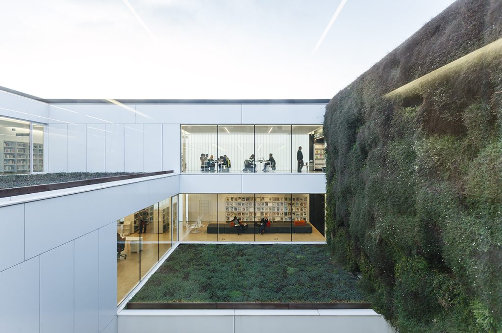 Carles Rahola Library, Girona - Mario Corea, Lluis Morán y Sebastián Guerrico - Interior patio with wall plants under a sunny day